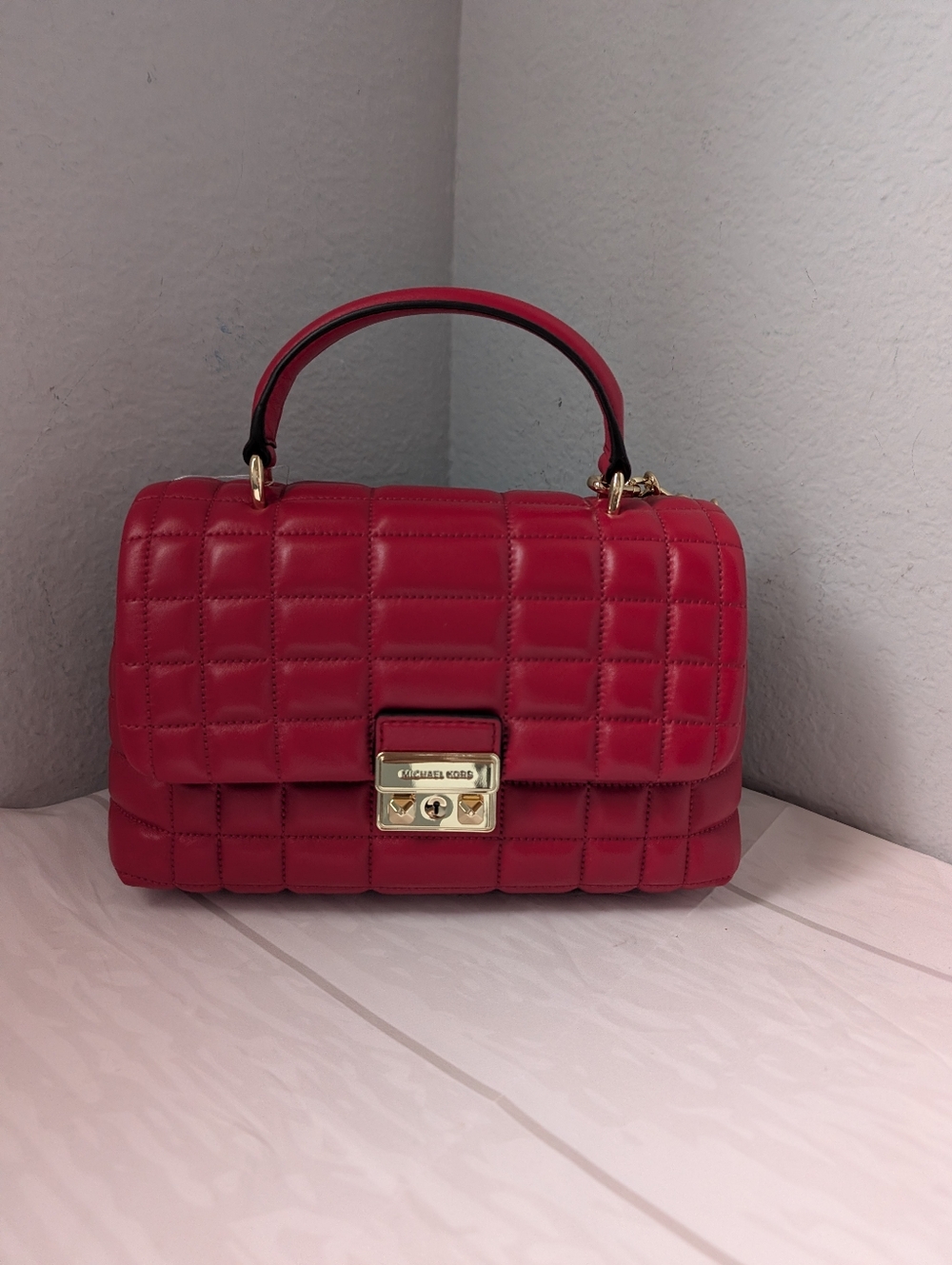 NWT Michael Kors Tribeca Medium Quilted Leather Satchel Crossbody in Crimson